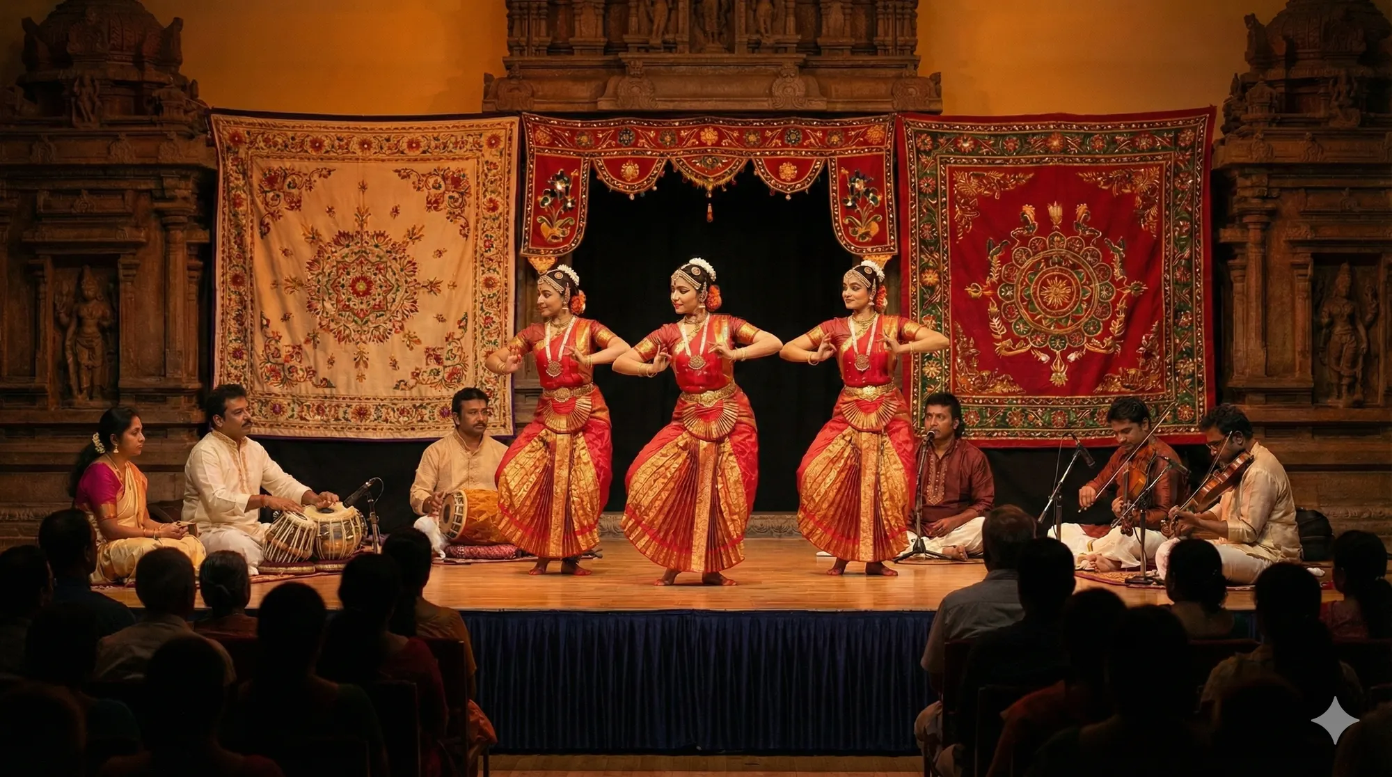 Classical Indian dancer performing on a lit stage